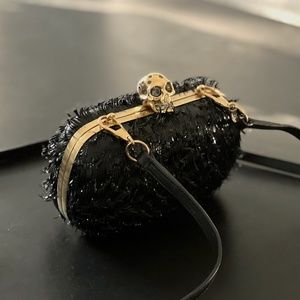 Patent Fringe Crystal Skull Box Clutch Black